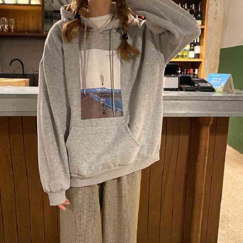 2 colors autumn and winter korean style super large print thicking hoodies womens warm sweatshirts female (F4146) 210423