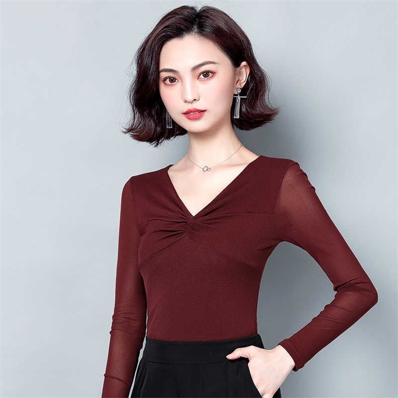 Korean Women Blouses Woman Elastic Mesh Blouse Tops V-neck Basic Plus Size Autumn Ladies Solid Long Sleeve 210531