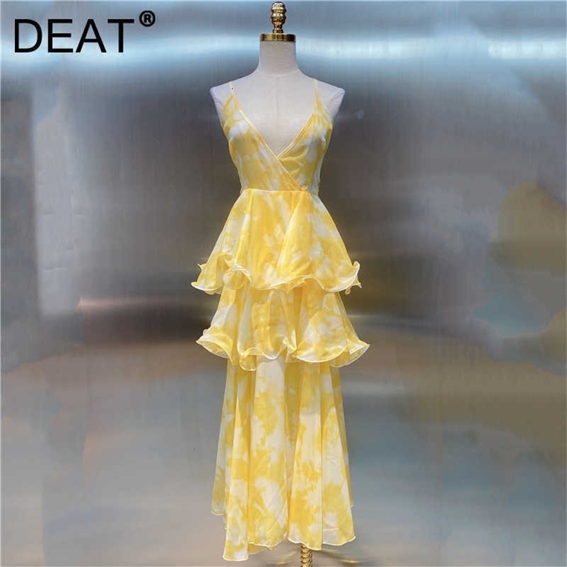 DEAT Women Printing Ruffles Sling Dress V-Neck Arrivals Lady Sexy Backless Temperament Fashion Spring Summer 11D1421 210709