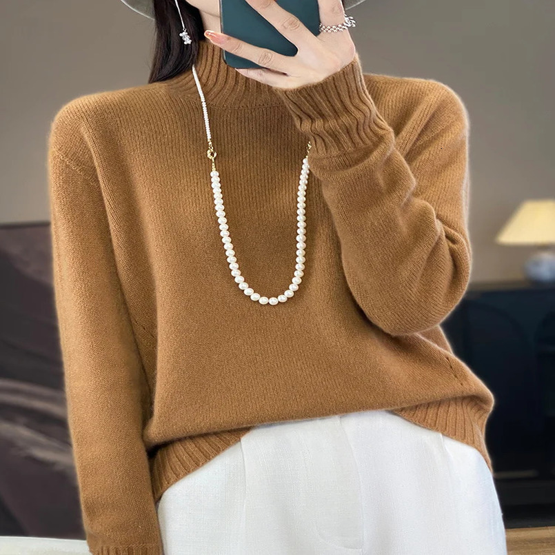 Women Fine Wool Sweater Half-high Collar Thickening Pullover Autumn Winter Cashmere Bottoming Knitwear Long Sleeve Loose Tops 241217