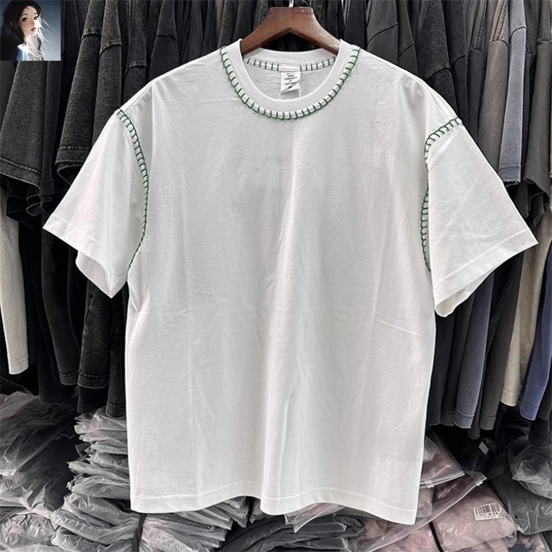 Green Reversed Stitching White Casual Round Neck T-Shirt Men Women High Quality Heavy Fabric Short Sleeve T Shirt Oversize Tops 240518