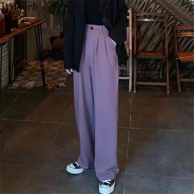Wide Leg Women Pants Leisure High Waist Long Office Ladies Loose Straight Trousers Black Purple Suit Pant 210519