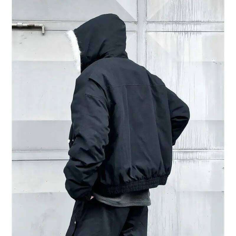 American Winter New Vintage Hipster Hooded Padded Coat Men Y2K Haruku Punk Hip Hop Pocket Casual Joker Cotton-padded Jacket