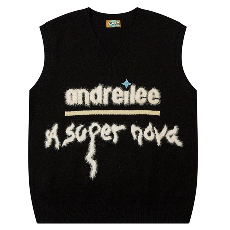 Harajuku Retro Embroidery Letter Jumper Knit Sweater Vest Aesthetics Korean Sleeveless Sweater Loose Couple Sweater Womens Y2K 240704