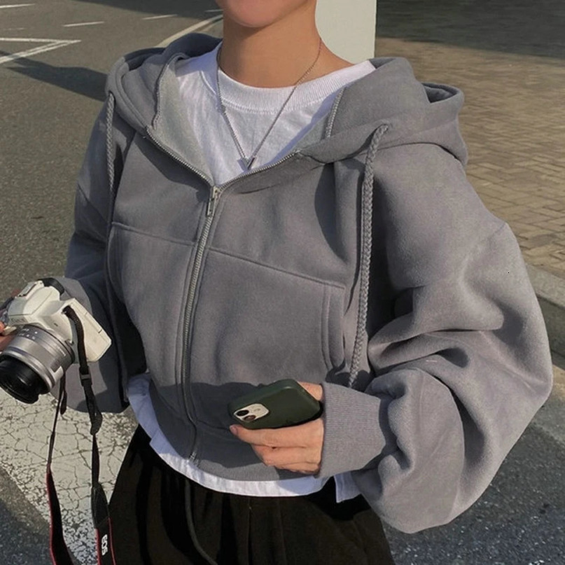 Womens Sexy Cutting Y2K Hoodie Retro Solid Short Sportswear Spring Long Sleeve Korean Zipper Top 240808