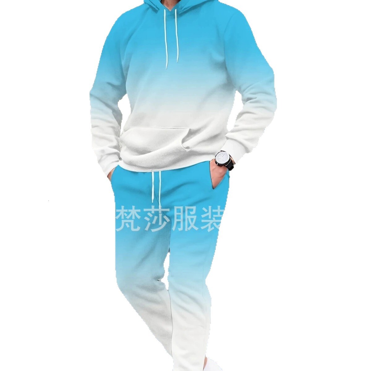Hot-selling Men's Versatile Gradient Color 3D Digital Print Hoodie Set Breathable and Comfortable