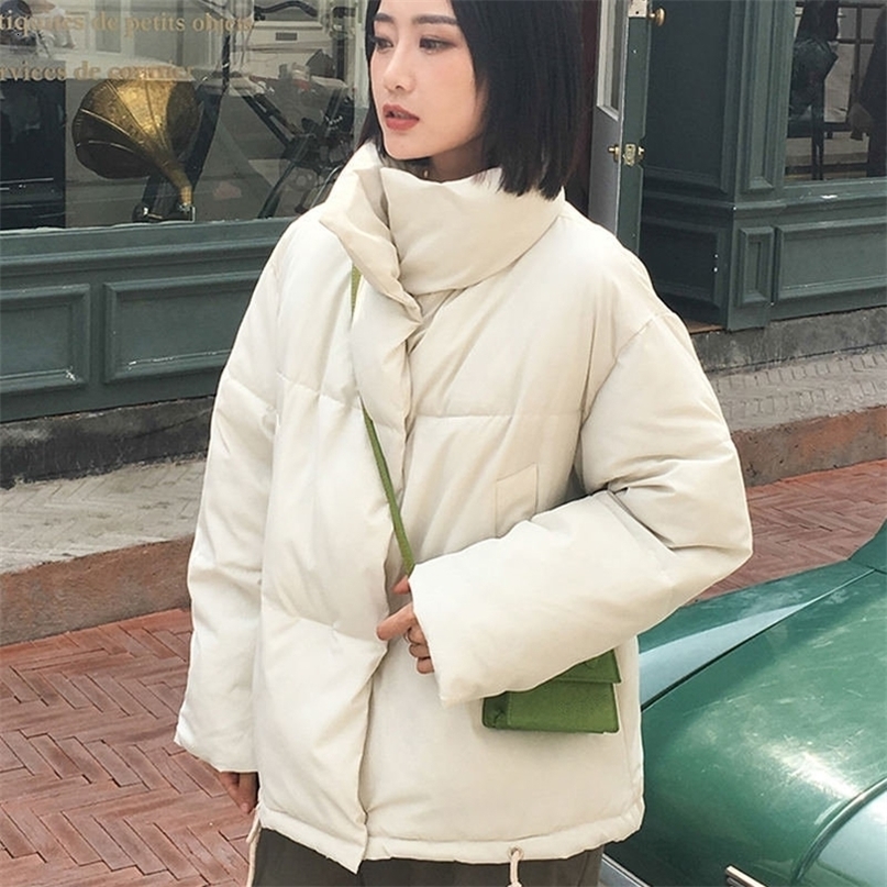 Korean Style Women's Winter Jacket Oversized Solid Female Cold Coat Loose Stand Collar Cotton Padded Thick Warm Parkas Woman 200928