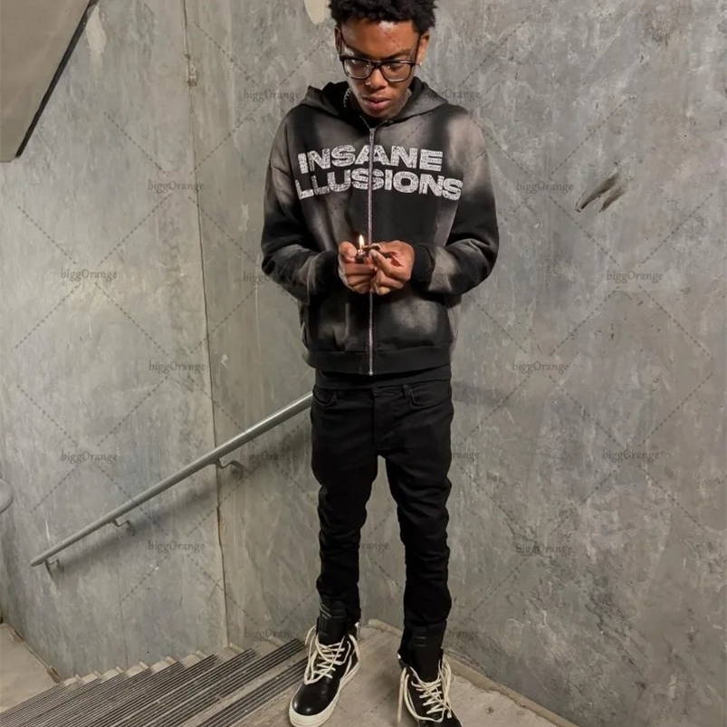 Trend Harajuku Streetwear Jacket American Retro Distressed Zipper Hoodie Mens Punk Fashion Casual Oversized Sweatshirt 241205