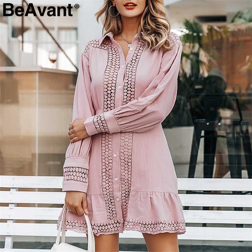 BeAvant Elegant lace cotton dress women Long sleeve hollow out ruffle autumn short dresses Buttons office ladies winter vestidos 210709