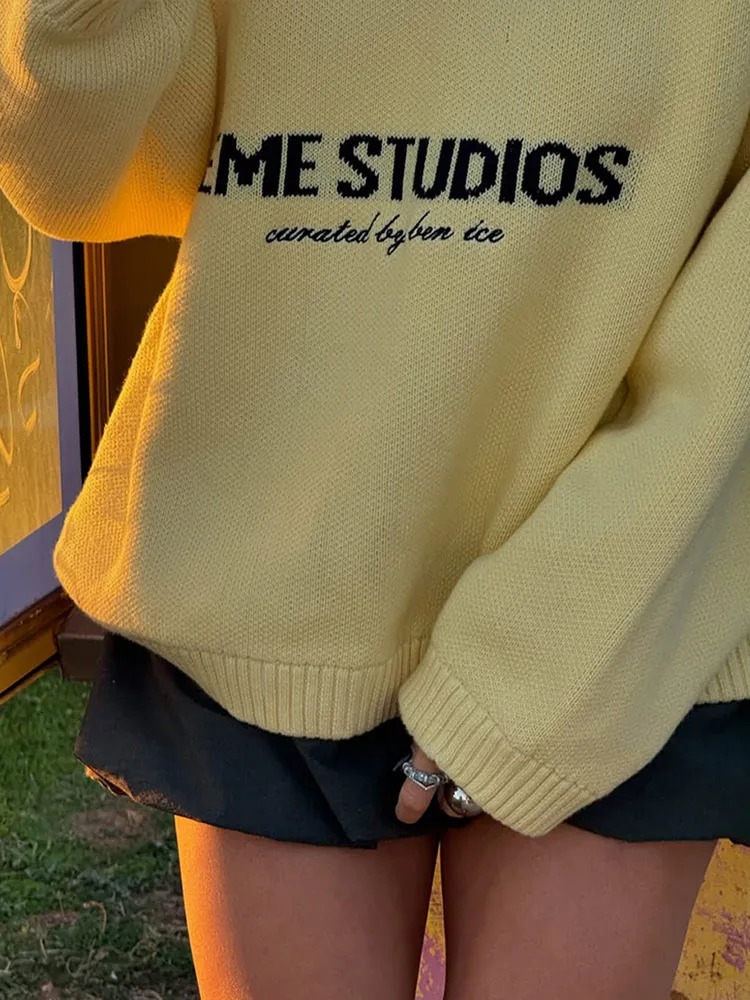 Women Yellow Letter Sweater Round Neck Long Sleeve Loose Knitted Tops Female Elegant Casual Street Autumn Holiday Sweaters 250924