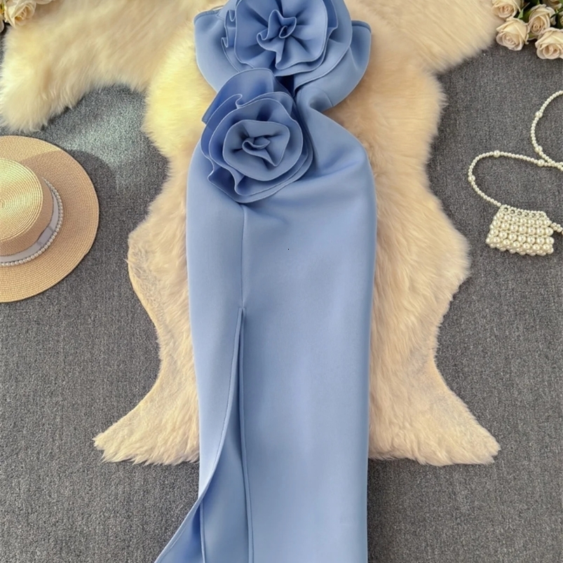 Elegant 3D floral long dress womens 2025 summer sexy backless sloping neck body pencil party evening dress 250103