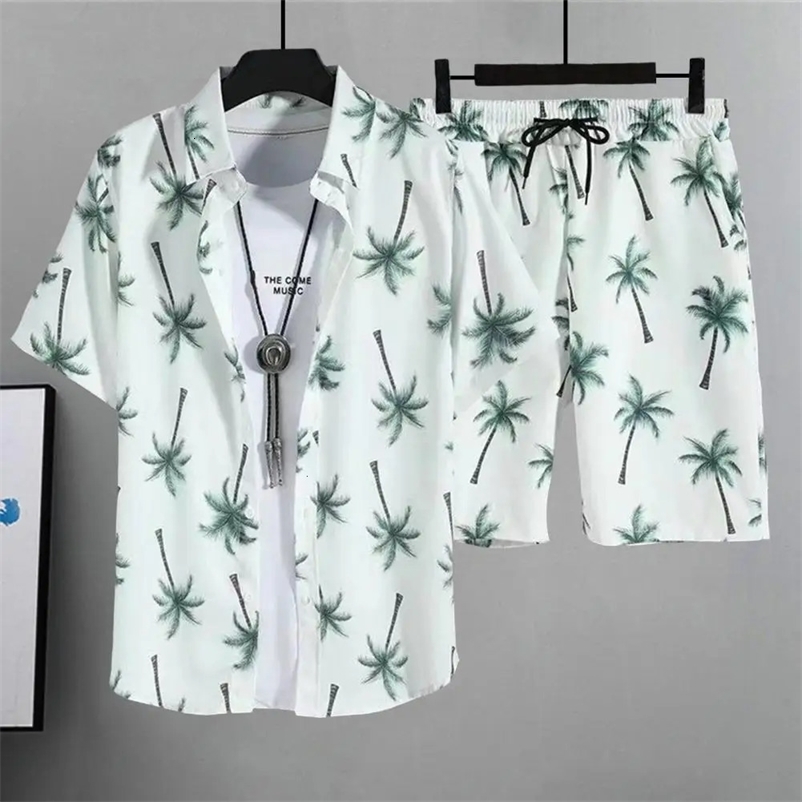 2Pcs/Set Men Shirt Shorts Set Hawaiian Style Lapel Short Sleeve Outfit Single Breasted Elastic Drawstring Waist Pockets Clothes 240518