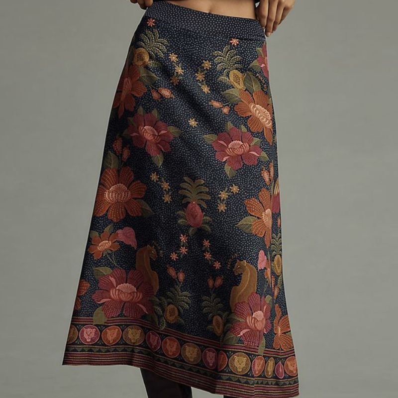 Retro Floral Print Milk Silk Midi Skirt for Women, Stylish All - match Outfit for Autumn and Winter & Vacation-CF43422