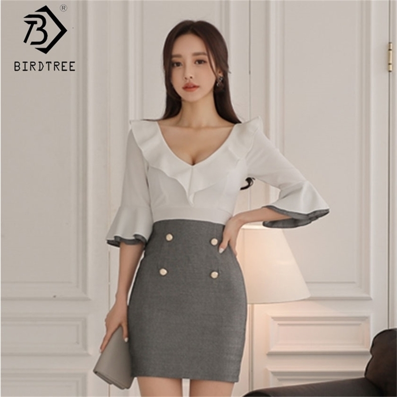 Women Patchwork Ruffles Button Deep V Neck Pencil Dresses High Waist 3/4 Butterfly Sleeve Slim Office Lady Zipper Dress D91121I 210416
