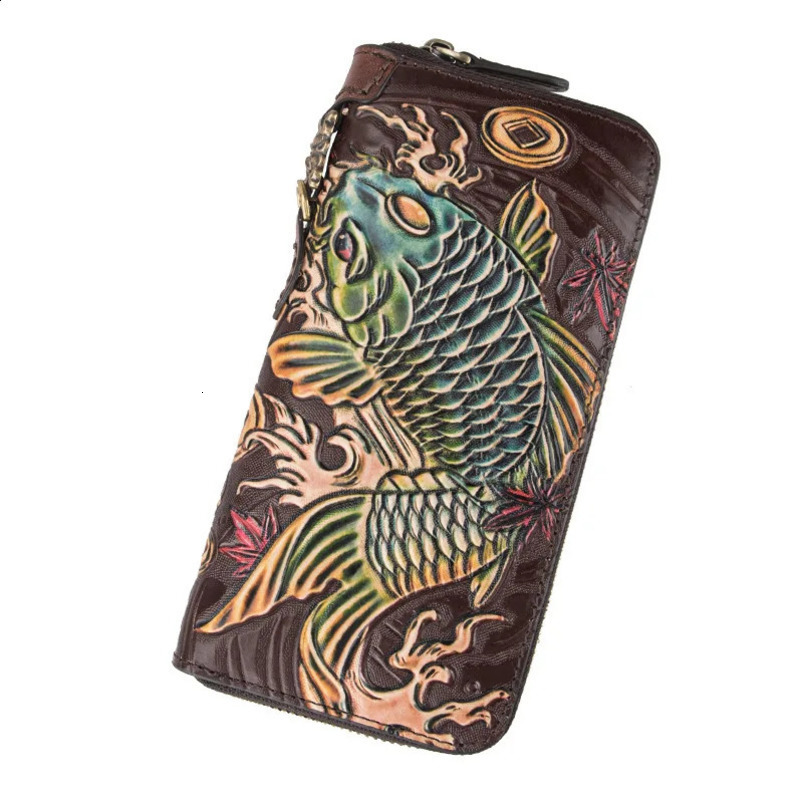 Fish Pattern Ladies Wallet Genuine Leather Coin Purse Real Cow Men or Women Vintage First Layer Cowhide Clutch Bag 240727