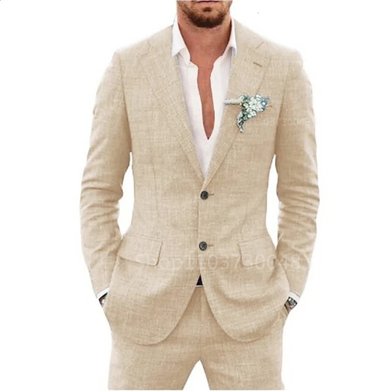 Casual 2 Piece Beige/Blue Linen Men Suits Notch Lapel Slim Fit Groom Tuxedos Blazer Pants Sets Wedding Prom Party Costume Homme 250517