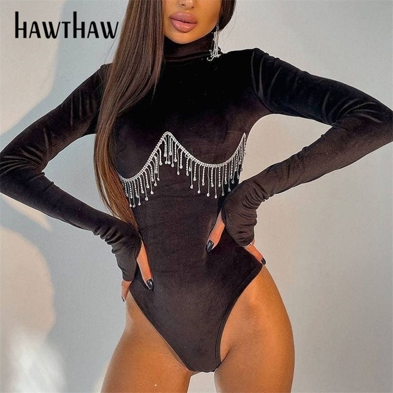 Women's Jumpsuits Rompers Hawthaw Diamond Tassels Body Women Autumn Winter Long Sleeve Turtleneck Bodycon T Shirt Fashion Tops Bodysuit Fall Clot