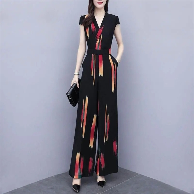 Women Summer Fashion Bodysuits Elegance Casual Jumpsuits V-neck Print High Waist Wide Leg Pants Ladies Playsuit Rompers 240129