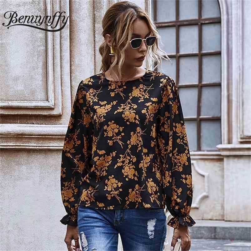 Autumn Floral Print Top Blouse Women High Street Round Neck Long Sleeve Retro Casual Ladies Tops and Blouses 210510