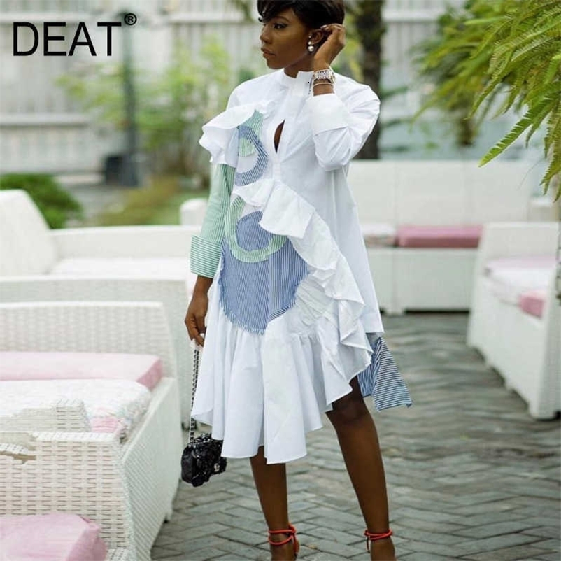 DEAT Summer Sexy Stripe Ruffle Dress Women Long Sleeve Plus Size Shirt Dress Causal Turn Down Collar Buttons MJ253 210709