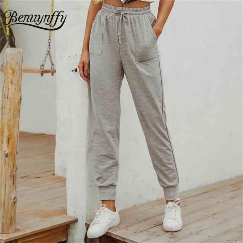 Gray Pocket High Waist Sweatpants Women Summer Drawstring Elastic Sporty Joggers Streetwear Casual Ladies Pants 210510