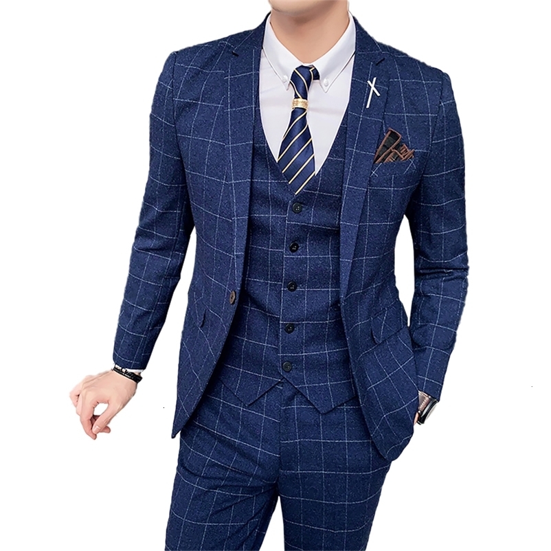 Men's Suits Blazers Size S-7XL Jacket Vest Pants Three-piece Male Formal Business Plaids Suit Groom Wedding Dress Plaid Striped Mens Suit 230410