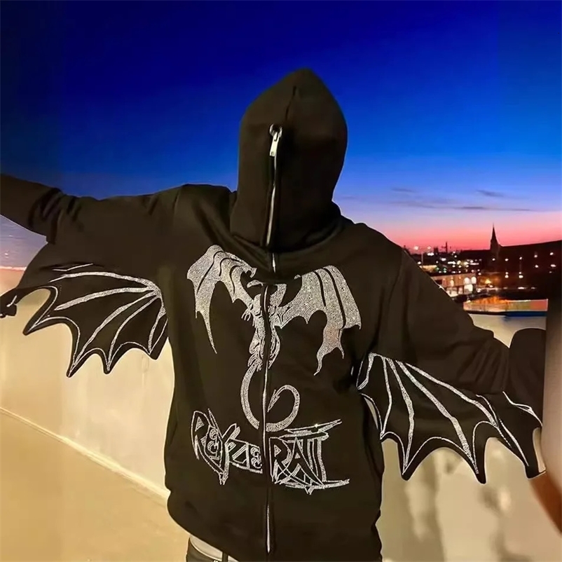 Y2K fashion retro street zipper hooded sweater fire dragon pattern neutral sports fancy long sleeve sweater 240912