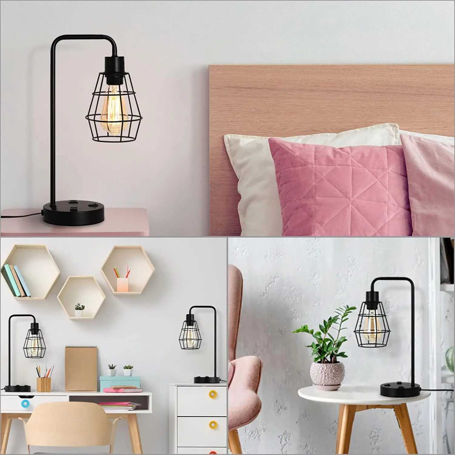 Edison 2piece bedside table reading desk lamp with dual USB charging ports and sockets C251115