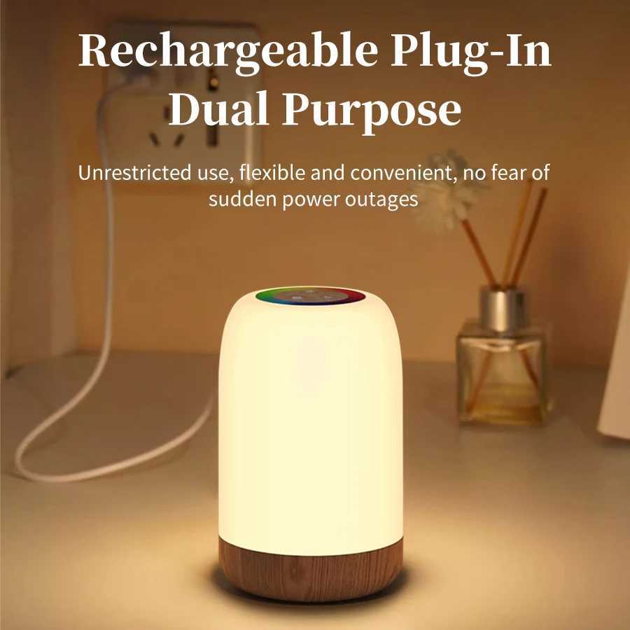 LED Touch Lamp with Dimmable RGB Colour Wood Grain Table Lamp Timing Function USB Rechargeable Night Light for Bedroom Kids Deco C251115