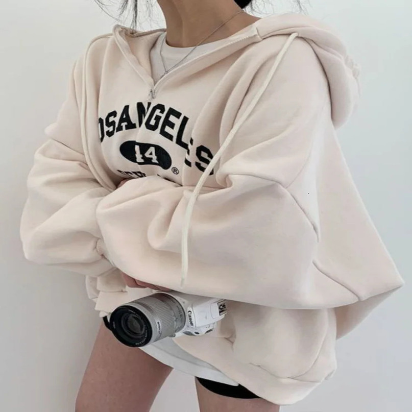 Women Kpop Loose Hooded Sweatshirts Half Zipper Pullover Long Sleeve Couple Top Harajuku Vintage Letter Printed Hoodies 240318