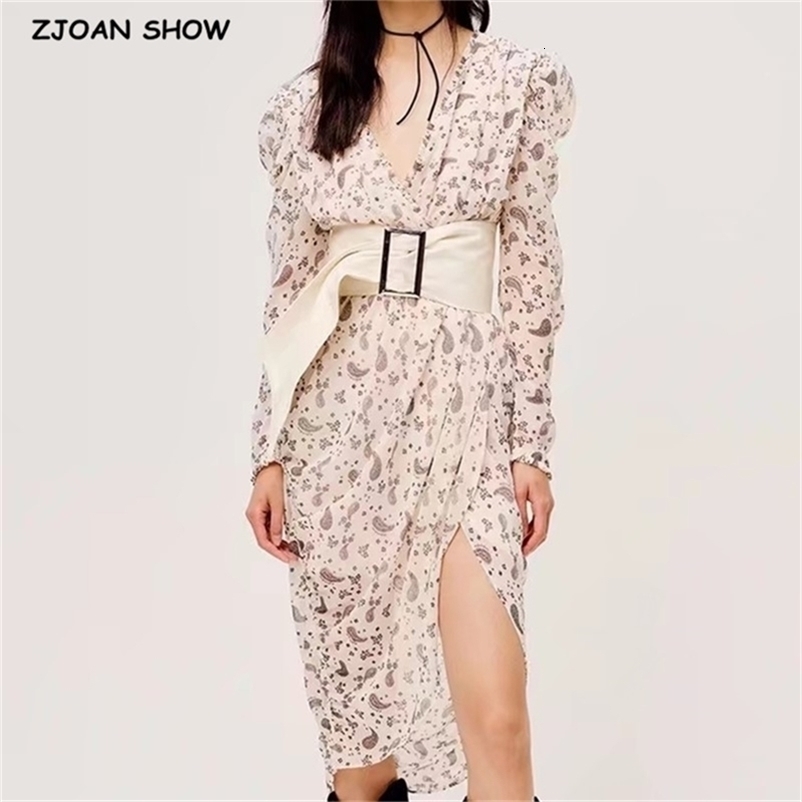 Elegant Women Cross V neck Paisley Floral Print Long Sleeve Dress Ladies Ruched Elastic Waist Slit Midi Dresses With lining 210429