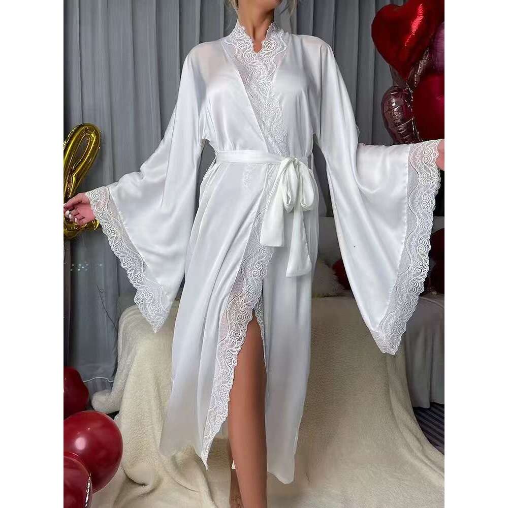 New Satin Nightgown Lace Light Luxury Long Sleeve Cool Nightdress Bathrobe Homewear for Women 7777