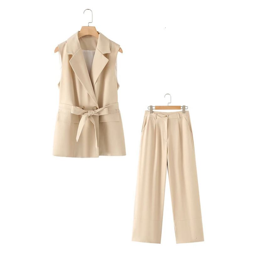 Spring Womens Fashion Style Belt Decoration Double breasted Vest Coat High Waist Straight Leg Pants Set 240423