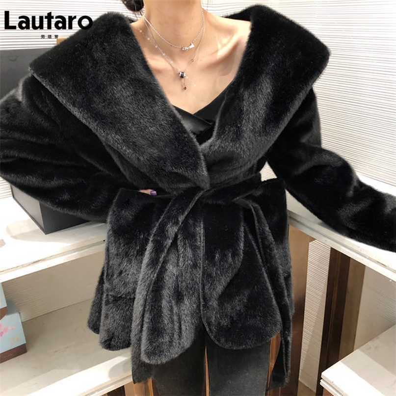 Lautaro Winter Black Warm Oversized Faux Fur Cardigan Women Drop Shoulder Long Sleeve Sashes Loose Stylish Korean Fashion 211123