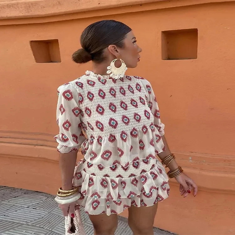 Woman Ruffles Hem Mini Printed Shirt Skirt 2 Piece Set Female Puff Sleeve Blouse High Waist Dress Suit Outfits 240423