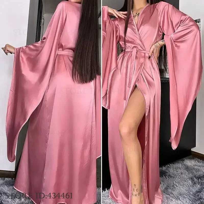 Fashion Elegant Women Long Robe Home Dress Sexy Ice Silk Kimono Bathrobe Gown Spring Summer Nightgown Loungewear Loose Homewear Z250924