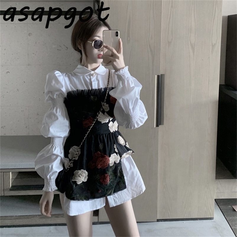 White Puff Long Sleeve Turn Down Collar Shirt Dress Short Sleeveless Irregular Flower Embroidery Mesh Top Strapless Patchwork 210429