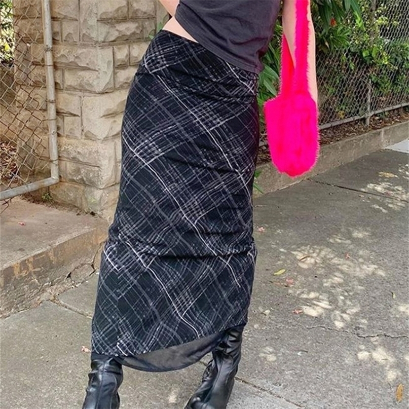 Rapcopter Striped Long Skirts Retro y2k Straight High Waisted Summer Women Sweet Cute Party Grunge Trendy 220701