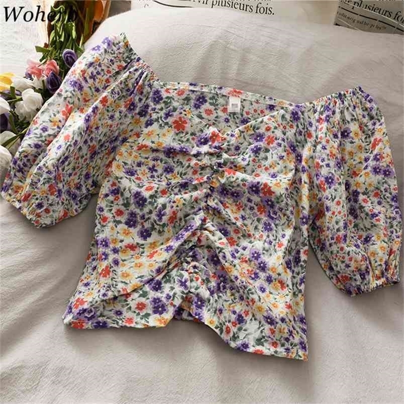 Women Sexy Off Shoulder Crop Top Summer Print Floral Sweet Short Blouses Pleated Puff Sleeve Blusas Ins Fashion 210519