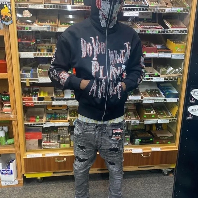 Mens Y2K Fashion Hoodie Skull Diamond Zipper Hoodie Grunge Womens Oversized Sweater Punk Harajuku Long Sleeve Coat 240927