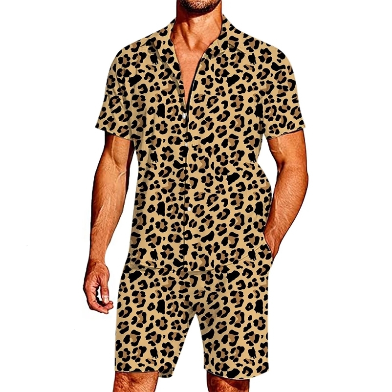 Fashion Summer Mens Tracksuit Short Sleeve Shirt Set Leopard Print Clothing 2 Pieces Casual Suit Streetwear Outfit 240530