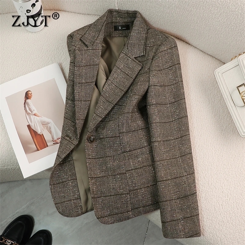 ZJYT Autumn Woolen Jackets for Women Winter Coats Long Sleeve Plaid Vintage Thick Outerwears Elegant Jaqueta Feminina 240830