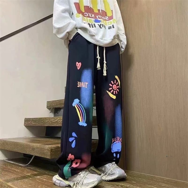 Mens Hip hop Trouser Straight Mens Sports Pants Draped Graphic Harajuku Korean Fashion Elastic Style Sports Pants 241007