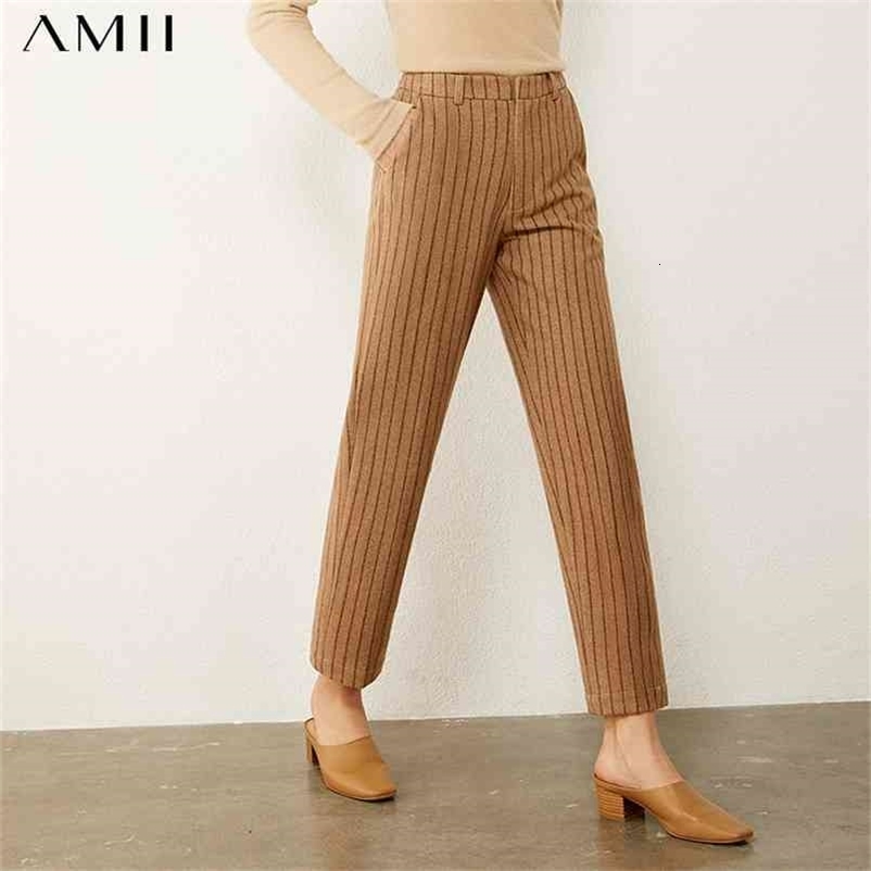 Minimalism Autumn Winter Woolen Women's Pants Fashion Stripe High Waist Straight Ankel-length Female Trousers 12070500 210527