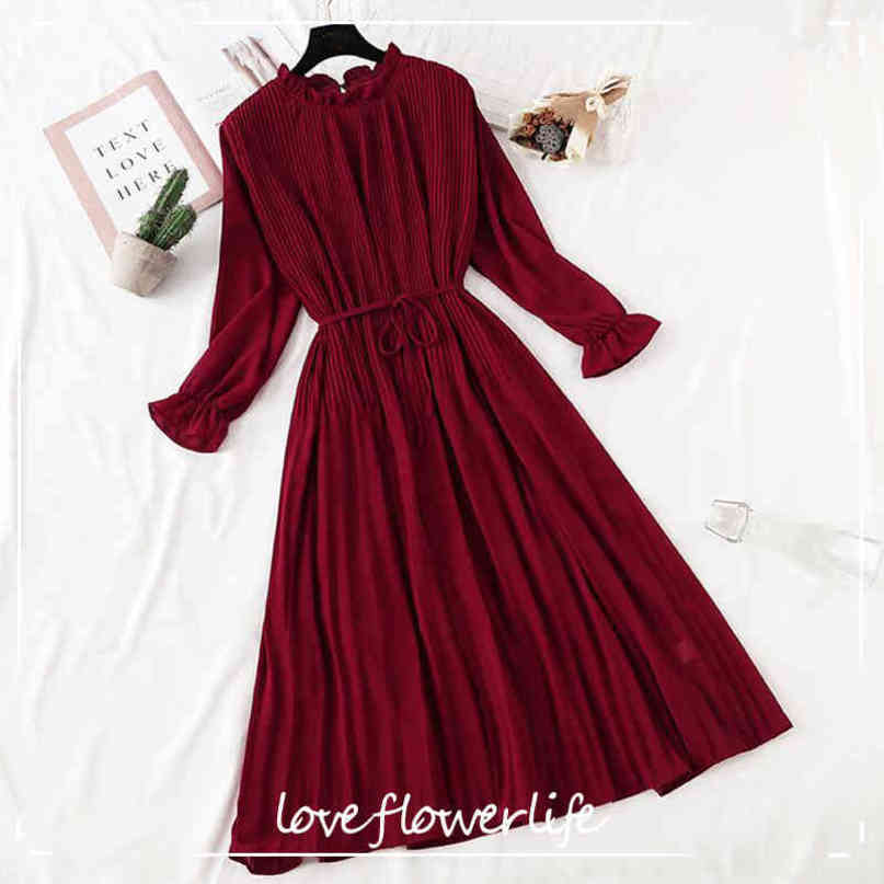 Women Autumn Chiffon Dress Long Sleeve Vintage Solid Lotus Leaf Neck Pleated Dress Long Robe Women Casual Dresses 210521