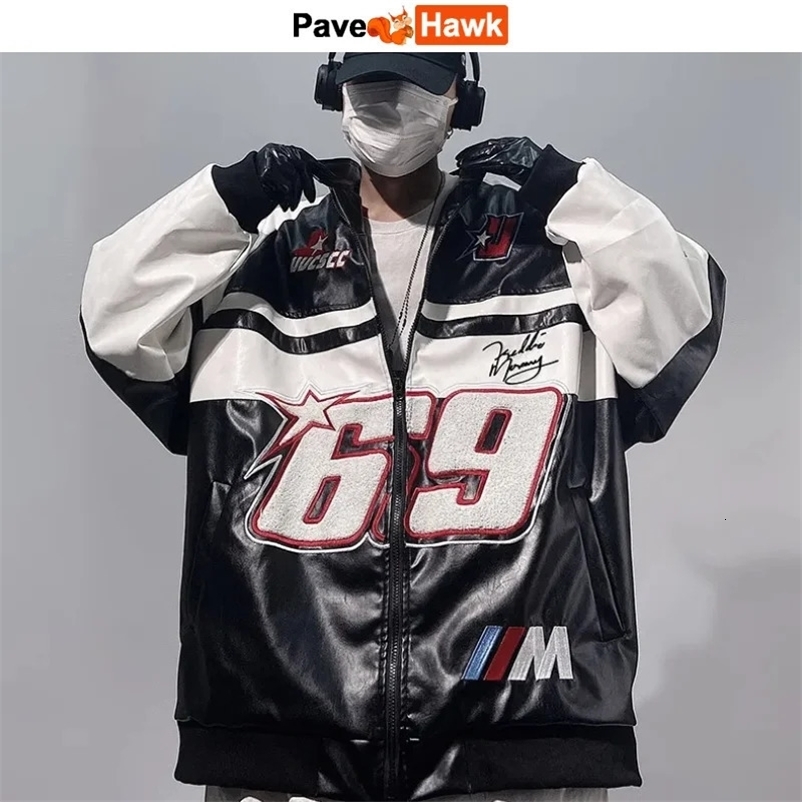 Bombe PU Jacket Men Flocking Embroidery Leather Y2k Vintage Varsity Jackets Racing Oversize Patchwork Baseball Jackets Unisex 240717