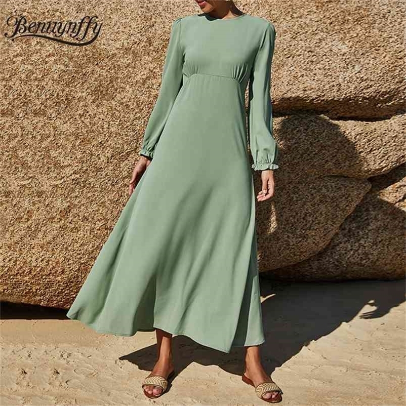 Crew Neck Solid Long Maxi Dresses Women Spring Summer Casual High Waist Sleeve Chiffon Fit and Frale Dress 210510