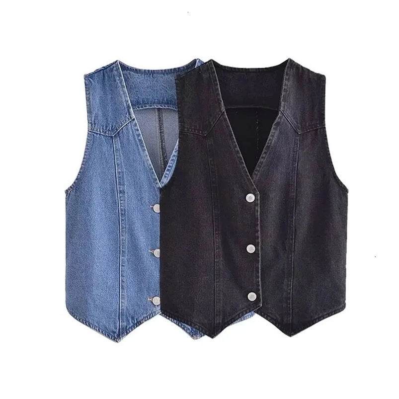 Nlzgmsj TRAF summer womens short denim blue vest fashion V-neck sleeveless ultra-thin womens casual single chest button vest 241126