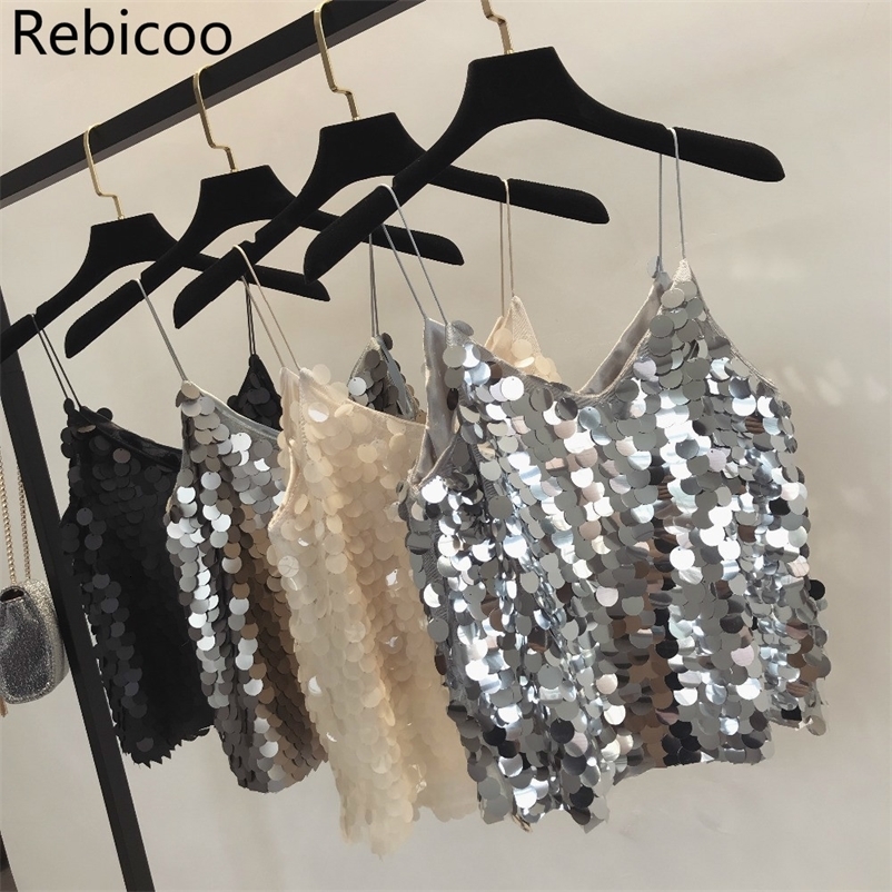 Camisoles Tanks Fashion Women Sequined Tank Top Summer Sexy V Neck Strap Club wear Girls Sequin Sleeveless Short Camisole Vest Tops 230413
