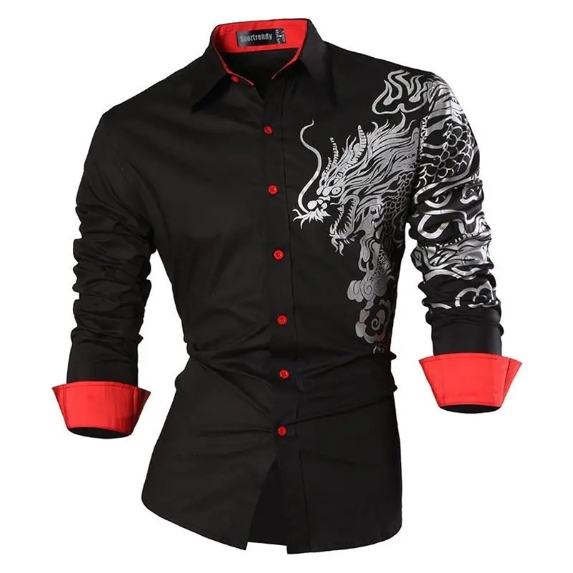 Sportrendy Mens Shirt Dress Casual Long Sleeve Fashion Dragon Stylish JZS041 240704